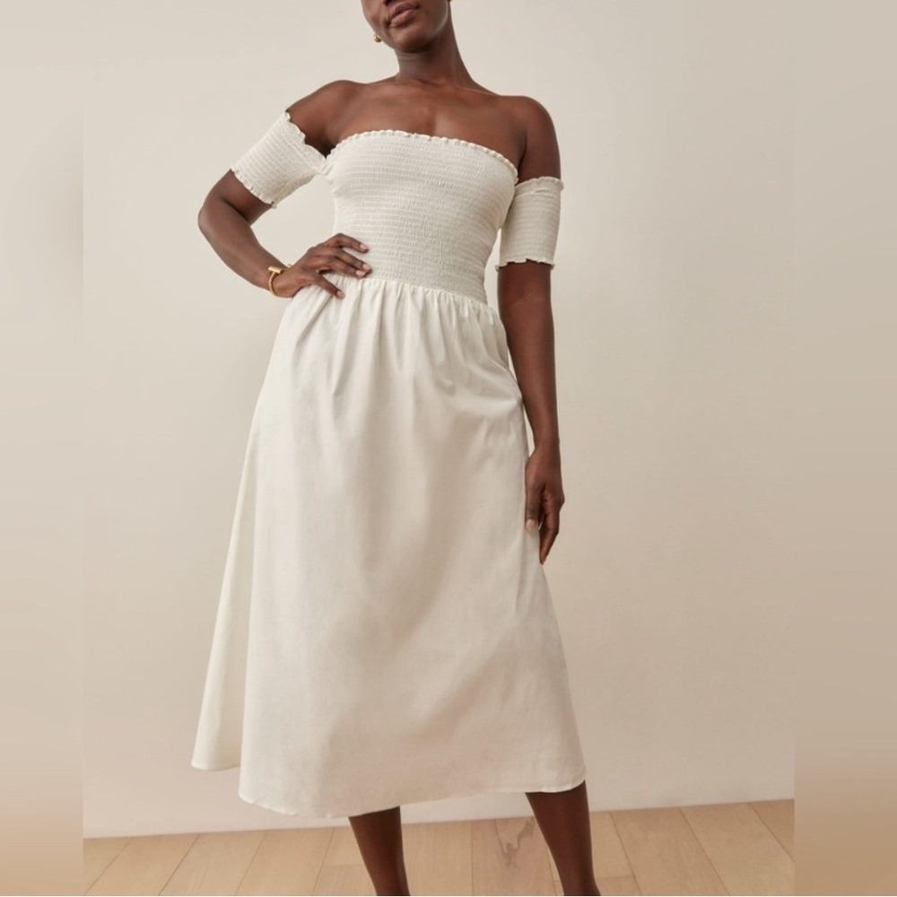 Reformation Westley Dress White Off Shoulder‎ Smocked Midi Cottagecore Small